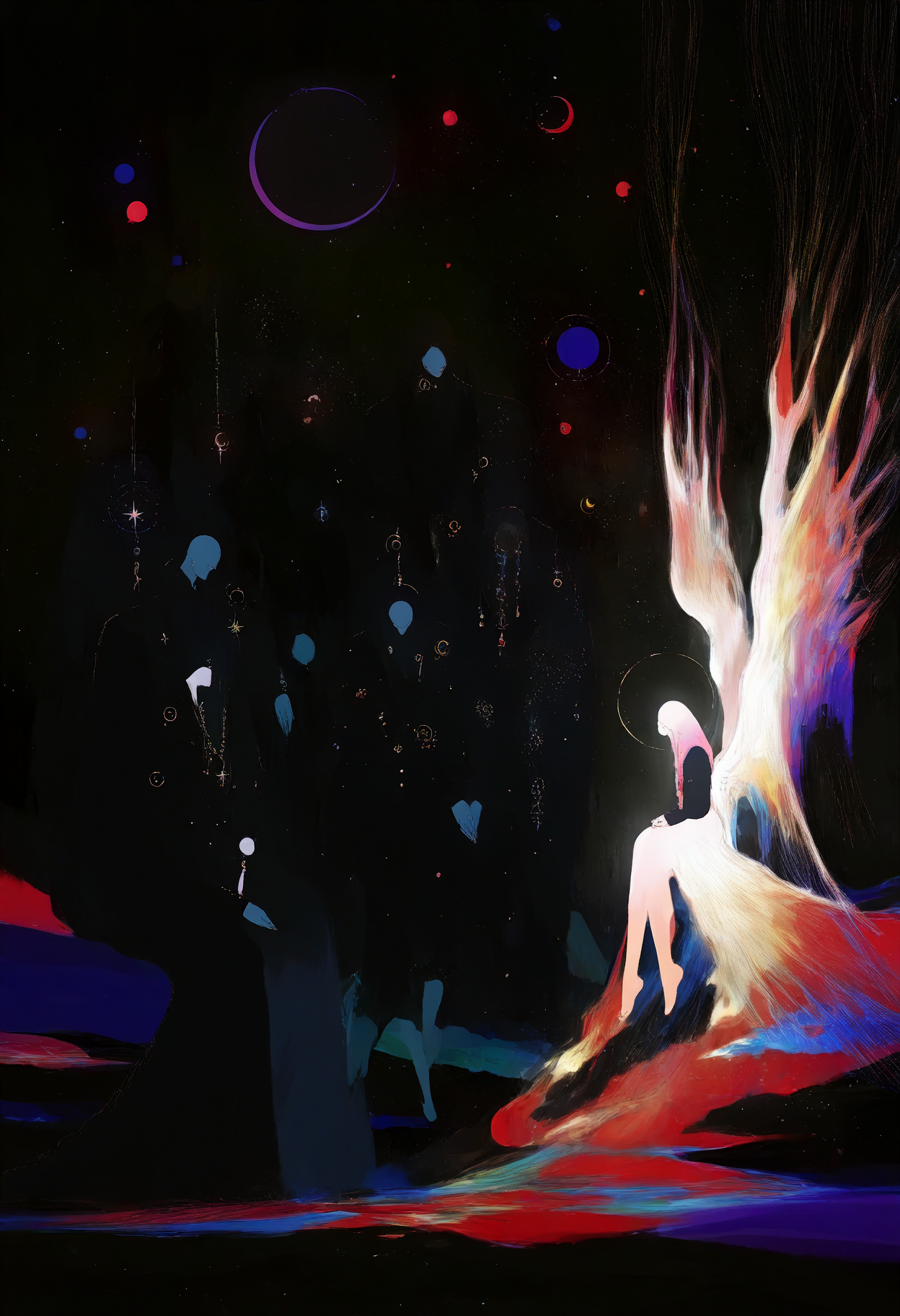 1girl, 2boys, angel wings, barefoot, black jacket, black robe, braid, contrast, crescent, crescent moon, dark, dress, expressionless, faceless, floating, from behind, from side, jewelry, long hair, monster, orb, own hands together, reaching, sitting, size difference, solo, space, star, wide shot  BREAK masterpiece, best quality, newest, night,  high quality, very aesthetic, very awa, wrs4ndtr33s, abstract, colorful,  <lora:WiresAndTrees style:1>