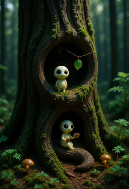 A small family of Kodama forest spirits lives inside a hollowed-out tree stump nestled in a dense forest glade. The stump is enormous compared to their tiny bodies, its weathered bark forming towering walls around their cozy home. The Kodamasâeach with a smooth pale body and round head with large, dark eyesâare engaged in gentle daily tasks. One stands on a mossy ledge, hanging a leaf to dry like laundry. Another peeks out from a rounded window carved into the stump, while a third Kodama sits on a curled root, holding a cup made from an acorn cap. Inside, faint warm light glows from small mushroom lanterns. Around the stump, oversized clover leaves, towering ferns, and sprawling moss enhance the scale of the environment, making their tiny domestic world feel hidden, peaceful, and full of wonder. <lora:Kodama_V1:1>