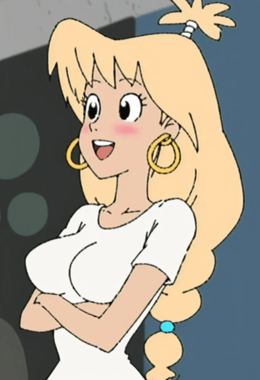 woman, tiffany, kangoo,blonde hair, black eyes, earrings, jewelry, 1girl, crossed arms, hoop earrings, open mouth, smile, shirt, upper teeth only, upper body, breasts, short sleeves, solo focus, blush, white shirt