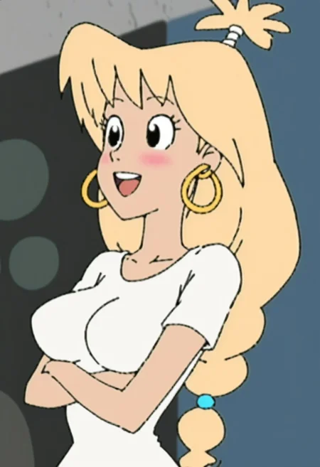 woman, tiffany, kangoo,blonde hair, black eyes, earrings, jewelry, 1girl, crossed arms, hoop earrings, open mouth, smile, shirt, upper teeth only, upper body, breasts, short sleeves, solo focus, blush, white shirt
