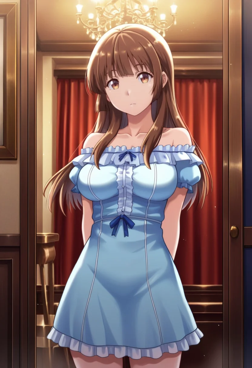 masterpiece, best quality, amazing quality,ayumi nonokura, brown eyes, brown hair, long hair, 1girl, solo,breasts,blue dress,collarbone,standing, looking at the viewer, cowboy shot, indoors, curtains, chandelier <lora:ayumi nonokuraV1:0.9>
