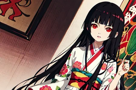 enma ai, hair down, hair black, bangs, eyes red, masterpiece, best quality, ultra-detailed, illustration, 1girl, solo, highres, photorealistic, ultra high res, (Original illustration composition), (fusion of limited color,Maximalism artstyle, kimono obi fashion, double exposure, background, illustration, Amazing, lily spider, night darkness, open one's mouth, middle finger show, bouquet flowers red, low twintails, (polychromatic peony:1.15), Movie poster,