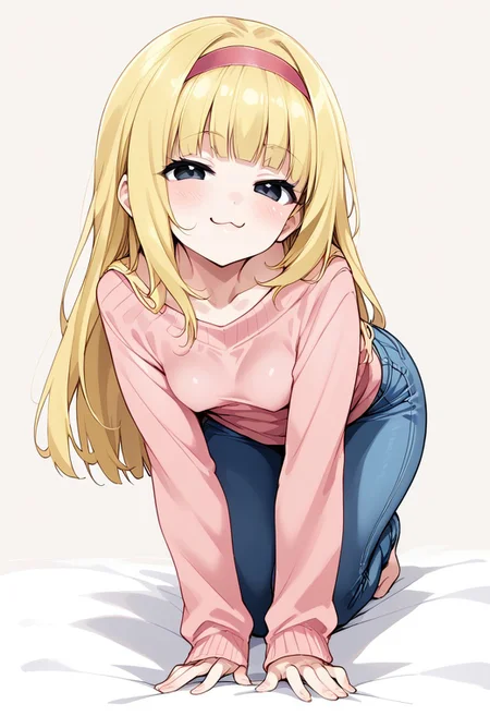 score_9, score_8_up, score_7_up, 
1girl, blonde hair, blunt bangs, black eyes, long hair, flat pink hairband, perfect hands, small breasts, solo focus, simple background, tall, posing, half closed eyes, mature, smug, pink sweater, jeans, (shorts:1.1), :3, mound of venus, open fly, all fours, ass