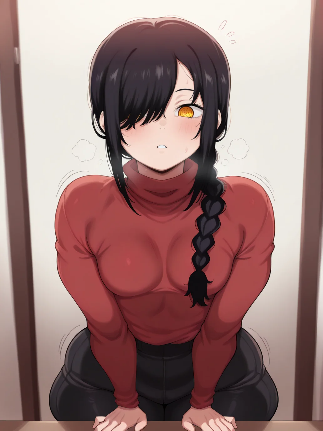 (masterpiece, amazing quality, best quality), <lora:blackwhiplash(bwl)-guy90-Illust-Lycorisv1:1>, blaash, <lora:stuffy_ai_style_illustrious_goofy:0.8>, motion lines, 
 <lora:Nayuta:1>, nayuta \(chainsaw man\), 1girl, solo, black hair, single braid, medium hair, 
hair over one eye, ringed eyes, yellow eyes, 
red sweater, turtleneck, long sleeves, black pants,