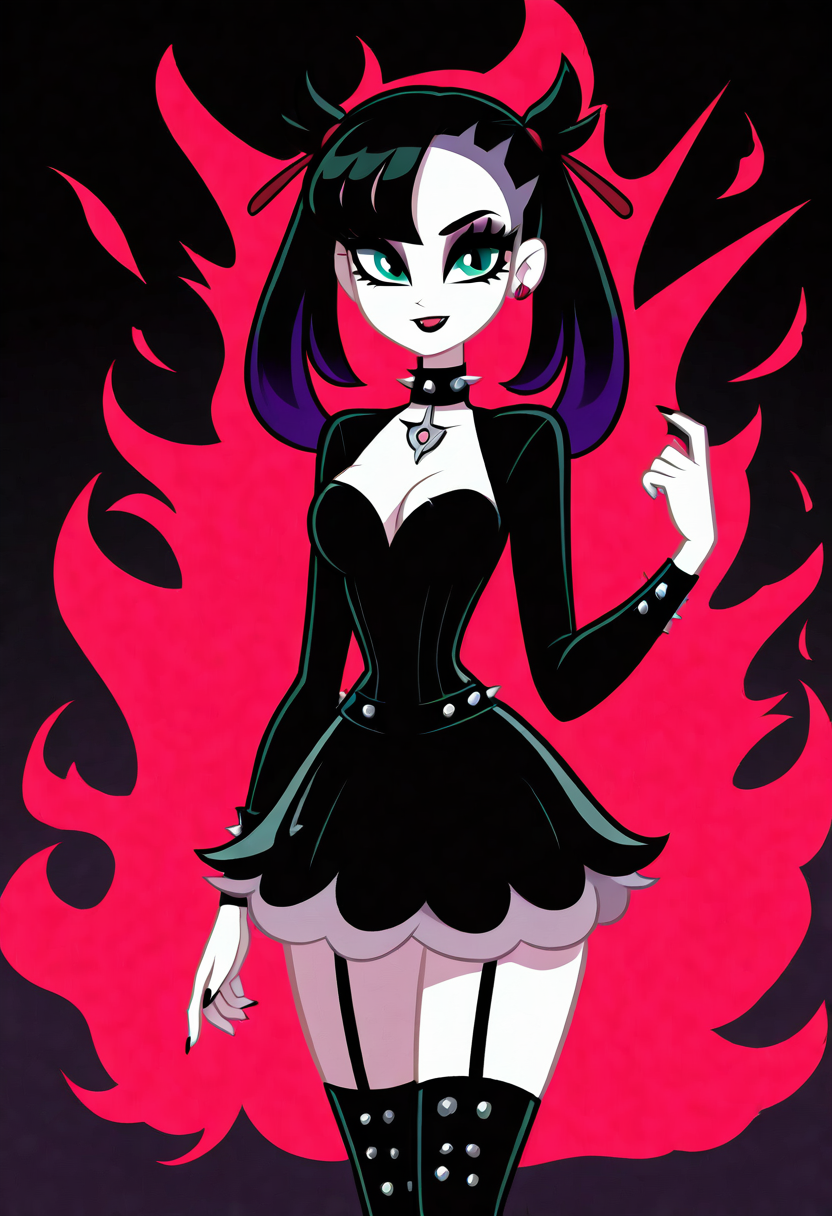 (masterpiece, best quality, good quality, very aesthetic, absurdres, newest:1.2),    medium breasts, (curvy),   BREAK, zzMarnie, aqua eyes, black hair, black choker, <lora:MarniePokemon_NAI_v2:1.0>,, two-tone hair, purple hair, makeup, eyeshadow, black lips, dress, black boots, knee boots, spikes, spiked collar, gothic,smile, looking at viewer, cowboy shot,  <lora:VampieNAI:1.0>,
