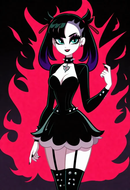 (masterpiece, best quality, good quality, very aesthetic, absurdres, newest:1.2), medium breasts, (curvy), BREAK, zzMarnie, aqua eyes, black hair, black choker, <lora:MarniePokemon_NAI_v2:1.0>,, two-tone hair, purple hair, makeup, eyeshadow, black lips, dress, black boots, knee boots, spikes, spiked collar, gothic,smile, looking at viewer, cowboy shot, <lora:VampieNAI:1.0>,