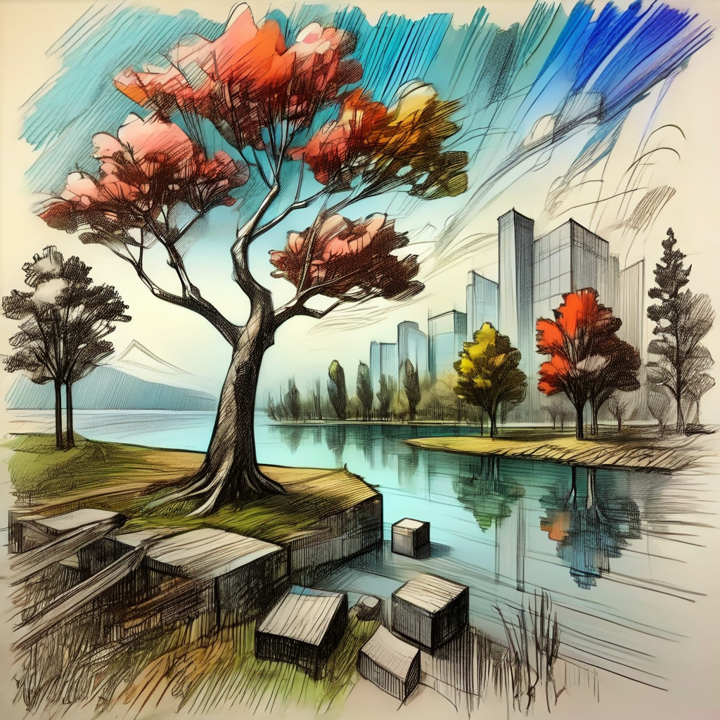 vextria sketch, landscape, lake, old crooked tree in the foreground, trees and forest in the distance, colorful, very detailed <lora:vextria:1>