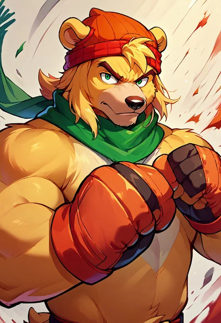 score_9, score_8, score_7, score_6, 1man, solo, furry, anthro, anthro bear, source_cartoon, Bark the bear, green scarf, orange beanie, furry male, simple background, gloves, upper body, fighting stance, portrait, looking at viewer, dynamic,