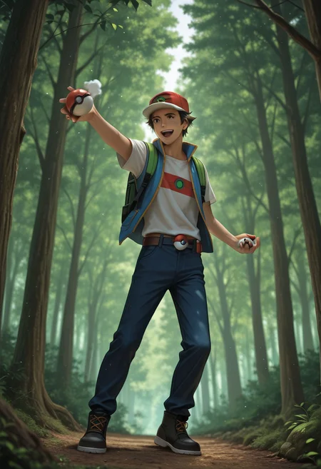 ashpkj, 1man, cap, realistic, pokeball in air, throwing a pokeball, detailed face, happy, dynamic angle, in forest, aesthetic photo, dramatic lighting, realistic photo