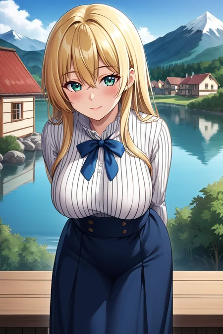 1girl, long hair, large breasts, looking at viewer, blush, smile, bangs, skirt, blonde hair, shirt, long sleeves, ribbon, hair between eyes, green eyes, white shirt, pinstripe shirt, solo focus, aqua eyes, (blue skirt), blue ribbon, (long skirt) house, outdoor, mountain, lake, standing, cowboy shot, high-waist skirt, hands behind the back, leaning forward