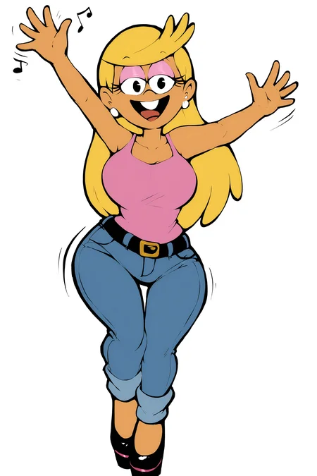 score_9, score_8_up,score_7_up, score_6_up, score_5_up, source_cartoon, zPDXL3, zPDXLpg, toon \(style\), <lora:add_details_xl:1>,
BREAK
<lora:Lola_Loud_XL:1>, Lola Loud, 1girl, solo, long hair, blonde hair, bangs, closed eyes, smile, happy, ^ ^, laughing, open mouth, upper teeth only, jewelry, earrings, pink eyeshadow, pink makeup, looking at viewer,
BREAK
full body, waving arms, breasts, large breasts, pink tank top, denim, jeans, blue pants, black belt, thighs, thigh gap, wide hips, platform heels, black black footwear, standing, spinning,
BREAK
simple background, white background, dancing, singing, motion lines, <lora:AfrobullPDXLresize:2>, afrobullstyle
