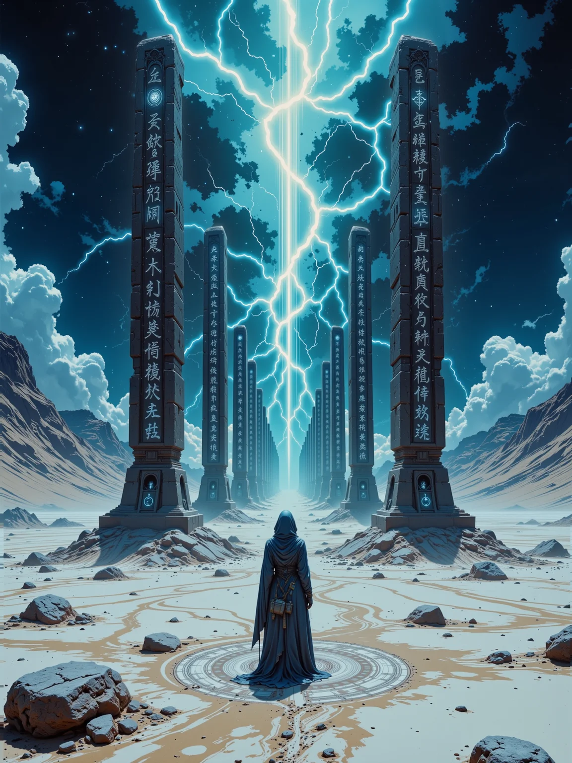 cinematic sci-fi film still, ultra-detailed and photorealistic, an endless alien desert of ivory white sand stretches toward the horizon, vast dunes sculpted by unseen winds, at its heart, towering black obelisks of impossible height rise into the stormy sky, their surfaces covered in intricate, glowing inscriptions that pulse and flicker with an eerie, indecipherable energy, the geometric arrangement of the structures hints at an ancient, forgotten intelligence beyond human comprehension. in the foreground, a lone traveler stands at the base of the nearest monolith, their silhouette dwarfed by the immense scale of the structure, a tattered hooded cloak billows in the dry wind, dust swirling at their feet, footprints already vanishing as the ivory white sand shifts, the traveler tilts their head upward, bathed in the unearthly glow of the inscriptions, a mix of reverence and fear in their posture. low-angle wide shot, emphasizing the towering grandeur of the obelisks and the insignificance of the lone figure, leading lines formed by the monoliths guide the viewer's eye into the vast expanse, additional obelisks barely visible in the hazy distance, their details softened by the atmospheric dust. the lighting is cinematic and moody, a deep indigo sky crackling with distant energy storms, faint auroras weaving through swirling clouds, the inscriptions emit a cold, spectral glow, casting soft, moving light on the surrounding sand and the traveler, occasional flashes of lightning in the far distance illuminate even more forgotten structures beyond the horizon. photographed with a medium format digital camera, ultra-sharp details in the obelisks intricate carvings, soft depth of field adding cinematic realism, subtle chromatic aberration and lens flares enhancing the eerie glow of the inscriptions, the color palette is dominated by ivory white, shades of blue and obsidian black, evoking a haunting atmosphere of ancient power, mystery, and awe, <lora:style-legacy_of_the_forerunners-flux-by_bra2ha:0.88>