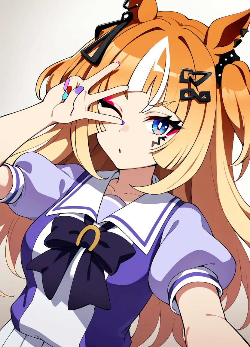 1girl, solo, espoir city \(umamusume\), one eye closed, looking at viewer, short sleeves, v over eye, makeup, puffy sleeves, purple shirt, breasts, hair ornament, bow, tracen school uniform, masterpiece, best quality, very aesthetic, absurdres
<lora:UmaDiffusionXL_UAF-000010:0.7>