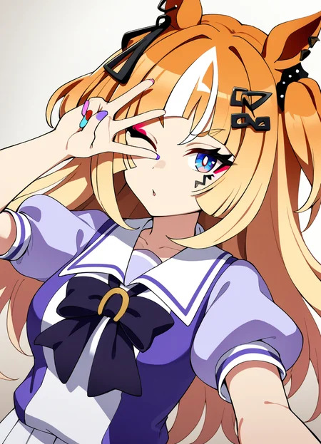 1girl, solo, espoir city \(umamusume\), one eye closed, looking at viewer, short sleeves, v over eye, makeup, puffy sleeves, purple shirt, breasts, hair ornament, bow, tracen school uniform, masterpiece, best quality, very aesthetic, absurdres
<lora:UmaDiffusionXL_UAF-000010:0.7>