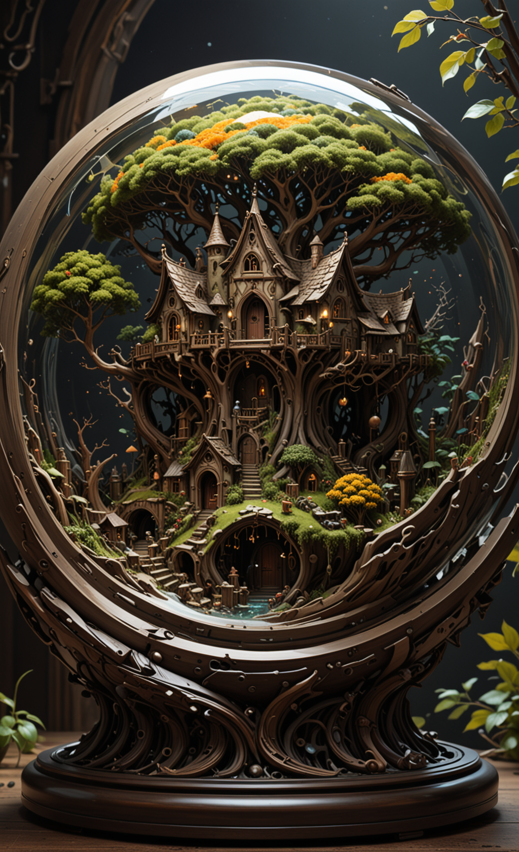 A  glass sphere sculpture, concealed inside the sphere is a Hobbits village, in the day, detailed image, 8k high quality detailed, shaped sphere, amazing wallpaper, digital painting highly detailed, 8k UHD detailed oil painting, beautiful art UHD, focus on full glass sphere, bokeh,  background Modifiers: extremely detailed Award winning photography, fantasy studio lighting, photorealistic very attractive beautiful imperial colours ultra detailed 3D, (Very Intricate), UHD, <lora:3D_Framed_Wall_Art_-_By_DICE:1>, (3D Framed, Macabre)