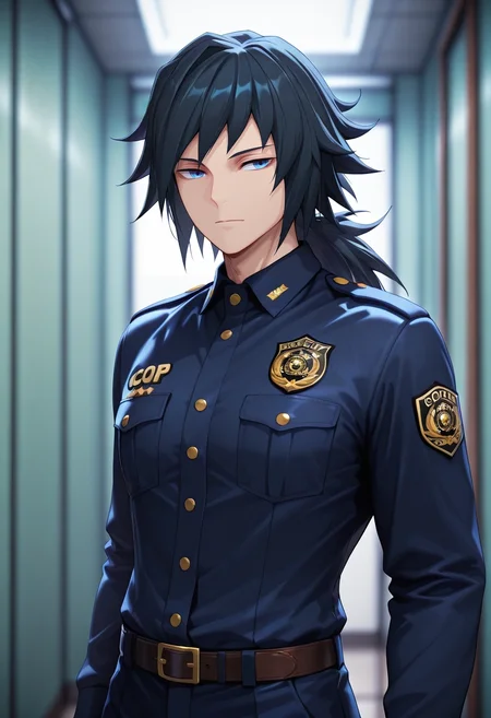 masterpiece, best quality, , (3d:0.4), , 1boy, solo, male focus, <lora:giyuu_tomioka_ilxl:1>, giyuu_tomioka, black hair, blue eyes, bangs, long hair, low ponytail, , , , cop costume