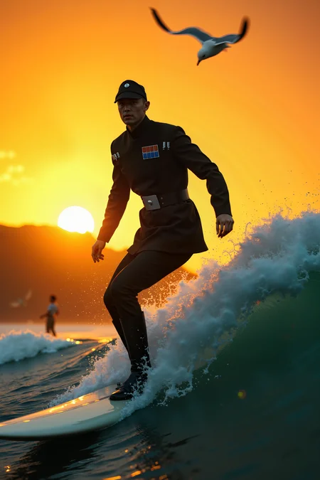 Against the backdrop of a golden sunset, an imperial officer balances perfectly on a sleek surfboard, riding a towering wave with military precision. Their cap is still firmly in place, though their black uniform is slightly damp from the spray of the ocean. Their arms are positioned like a seasoned professional, effortlessly cutting through the water as onlookers on the shore stare in disbelief. A rogue seagull flies overhead, matching their intensity as the officer's cold, calculating gaze remains locked on the wave ahead.<lora:IMPOFF_FLUX>