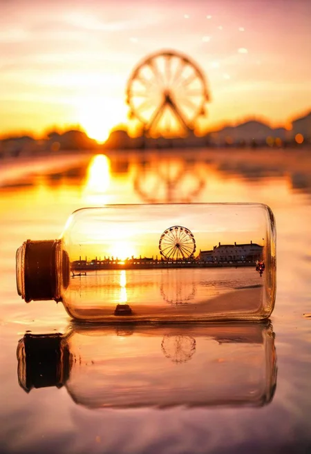 F-B-C, sharp foreground: a bottle on a beach , blurry background: a ferris wheel next to a setting sun , effect: the bottle encapsulate the background