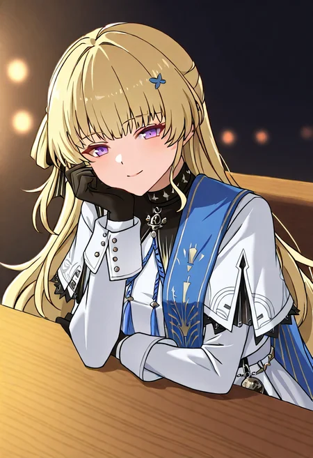 1girl, solo, phoebe wuthering waves, blonde hair, purple eyes, black gloves, blue sash, side cape, blue cape, long sleeves, white dress, white pantyhose, looking at viewer,
resting chin on hand, leaning on table, smiling, pov sitting across table, cozy cafe, mid-range, upper body, warm ambient lighting, casual conversation
, <lora:Character_Phoebe-000015:0.8>