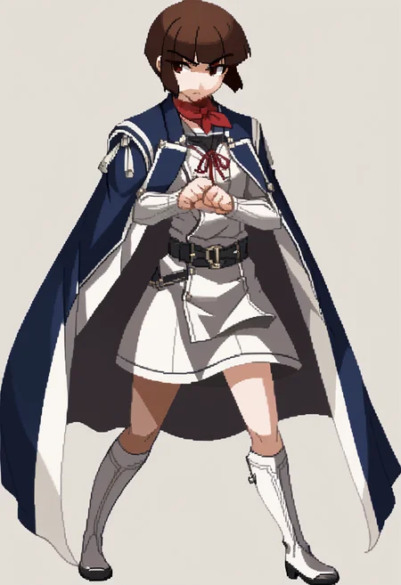 score_9, score_8_up, score_7_up, source_anime, BREAK 1girl, solo, looking at viewer, frown, fighting stance, <lora:Under-Night-In-Birth-Sprites-pdxl_Fp:1> simple background, full body, <lora:zs_IsabeauXL:1> isabeausmtiv, brown hair, short hair, blunt bangs, neckerchief, cape, dress, thigh boots