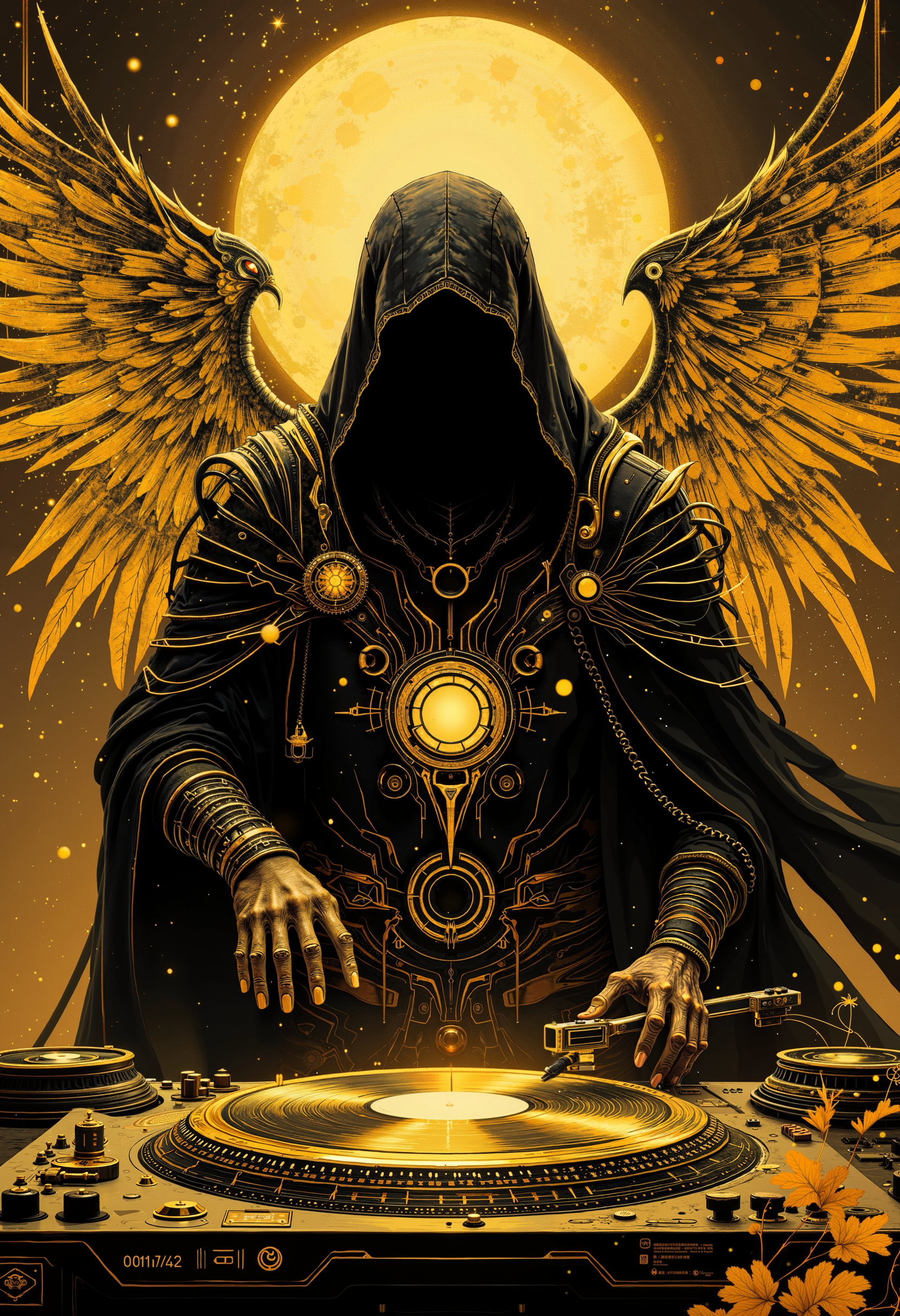 bo-golden, a mystical figure with wings, dressed in a hooded outfit, playing music on a turntable with glowing effects<lora:boFLUX Golden Noir Abyss.safetensors:1.0:1.0>