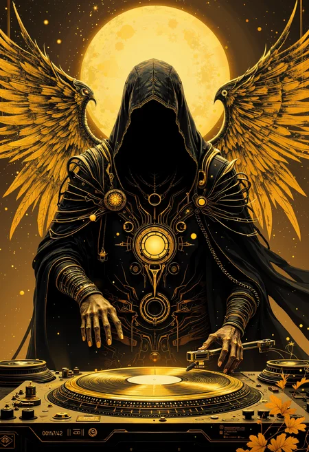 bo-golden, a mystical figure with wings, dressed in a hooded outfit, playing music on a turntable with glowing effects<lora:boFLUX Golden Noir Abyss.safetensors:1.0:1.0>