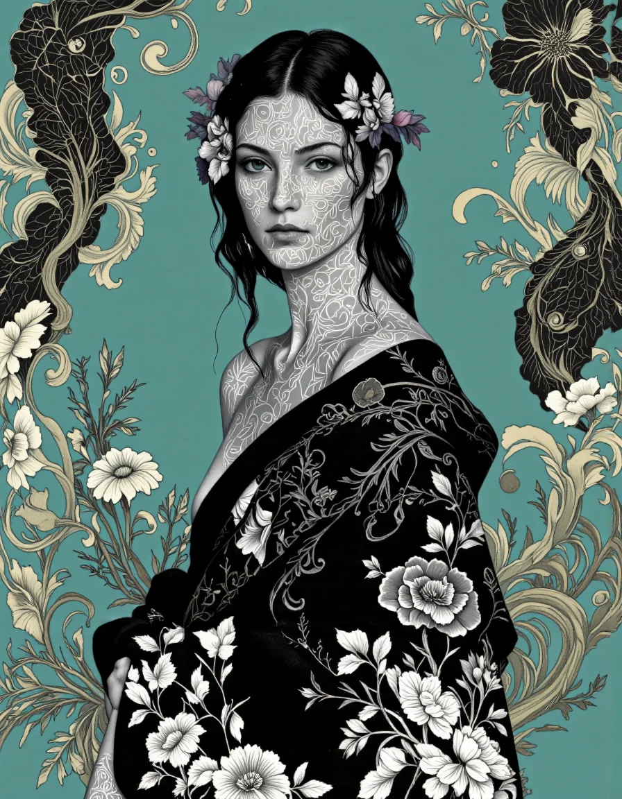 Art by Caroline Smith. A digital illustration shoot from a portrait camera angle about a portrait of a woman with intricate floral patterns on her face and body, set against a teal background with swirling floral elements. in the middle of the image, a woman appears to be in her mid-twenties, with a slim body and a serious expression. she is facing the viewer, with her eyes looking directly at the viewer. her hair is styled in long, wavy black hair with floral patterns, and she is wearing a black shawl draped over her shoulders. her body is covered in intricate white tattoos, including floral motifs and floral patterns. the woman is standing in the center of the frame, with the green background and floral elements surrounding her.