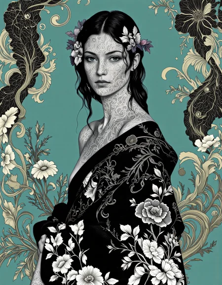 Art by Caroline Smith. A digital illustration shoot from a portrait camera angle about a portrait of a woman with intricate floral patterns on her face and body, set against a teal background with swirling floral elements. in the middle of the image, a woman appears to be in her mid-twenties, with a slim body and a serious expression. she is facing the viewer, with her eyes looking directly at the viewer. her hair is styled in long, wavy black hair with floral patterns, and she is wearing a black shawl draped over her shoulders. her body is covered in intricate white tattoos, including floral motifs and floral patterns. the woman is standing in the center of the frame, with the green background and floral elements surrounding her.