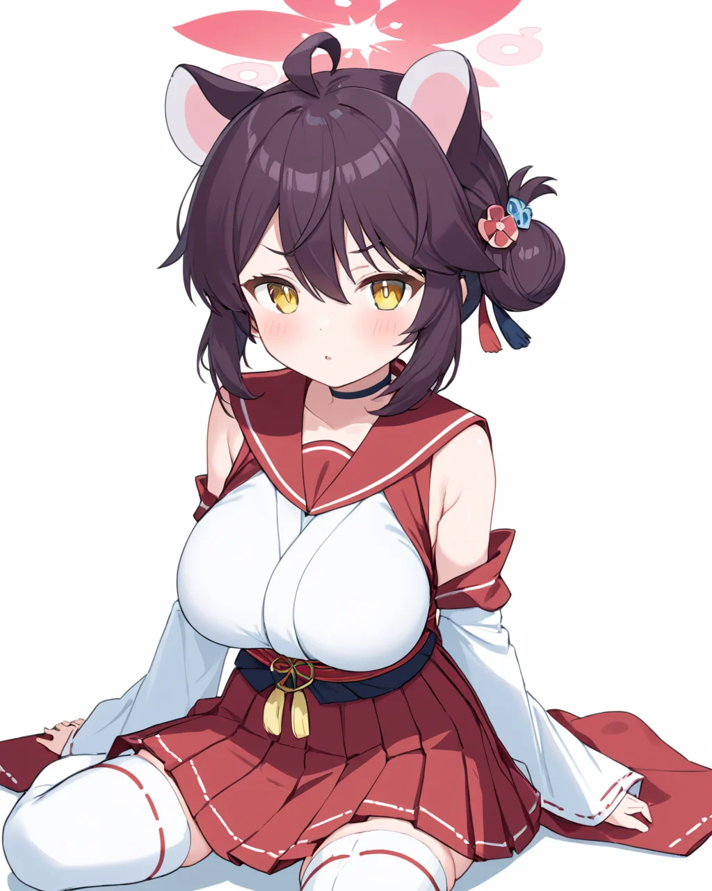 kaede \(blue archive\),1girl, detached_sleeves, halo, solo, ahoge, large_breasts, red_sailor_collar, white_background, simple_background, white_thighhighs, sitting, single_side_bun, blush, red_skirt, skin_fang, looking_at_viewer, red_hakama, nontraditional_miko, ribbon-trimmed_sleeves, open_mouth, hakama_short_skirt, pleated_skirt, obi
<lora:kaede_(blue_archive)_image428_2023-11-28:1>halo. gorgeous,key visual, vibrant, studio anime,award-winning, professional, highly detailed,high budget, cinemascope