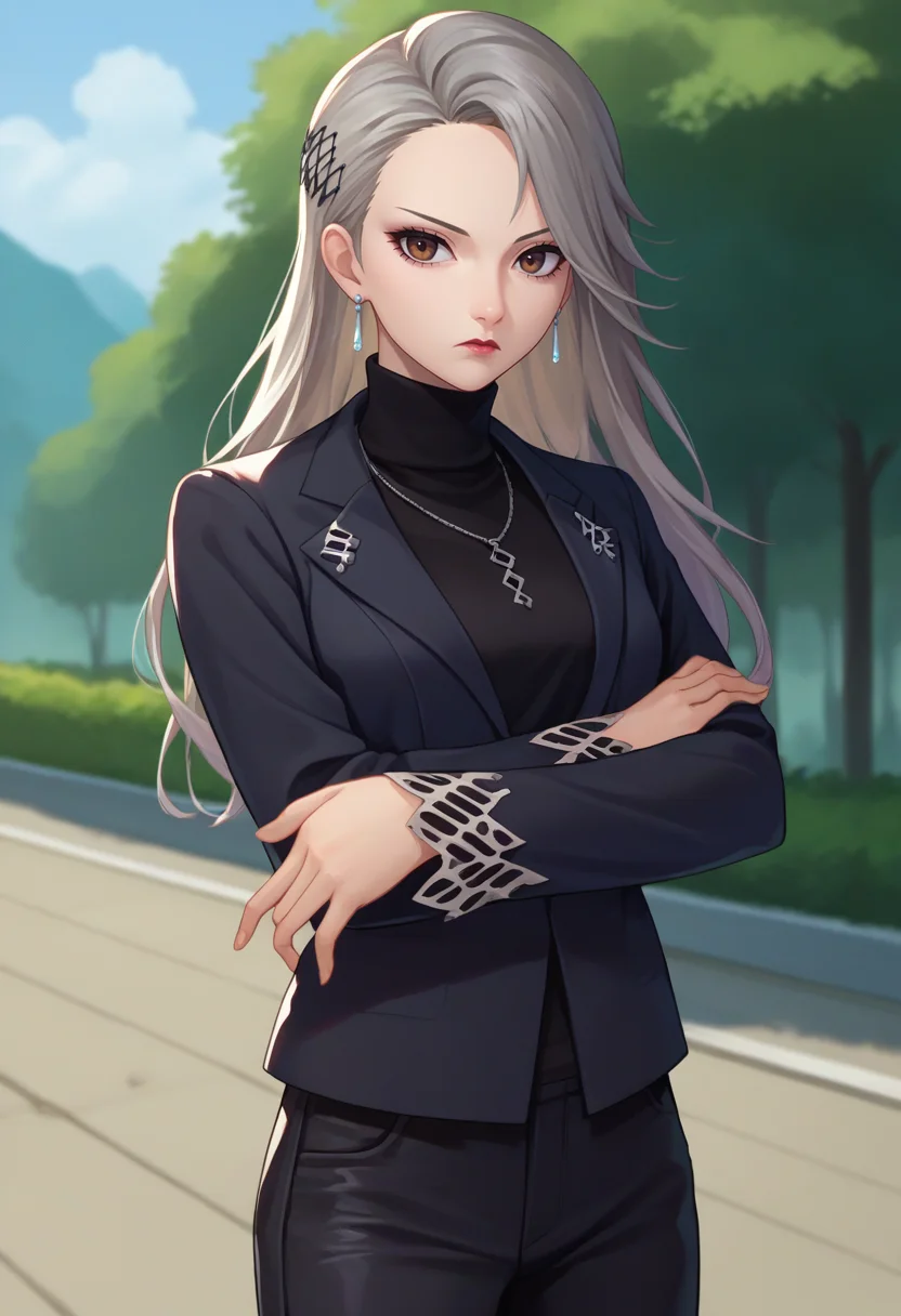 score_9, score_8_up, score_7_up, source_anime, solo, 1girl, saeniijima, makeup, lipstick, expressionless, looking at viewer, standing, contrapposto, crossed arms, hair ornament, brown eyes, black jacket, long sleeves, black sweater, turtleneck sweater, black pants, earrings, necklace, outdoors <lora:persona5_saeniijima_ponyXL:1>