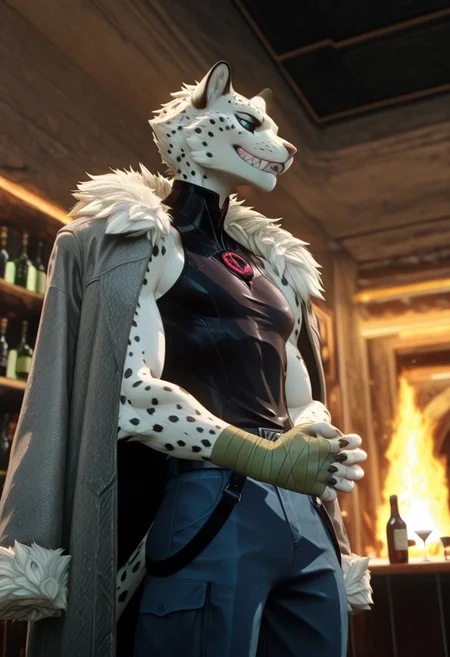 (masterpiece), (best quality), (newest), (amazing quality), (highres), (best anatomy), (high detail),
BREAK
masterpiece, best quality,, CGI, 3D,, (1man),, Sloping-shoulders, agile and bulky build,, supervillain_aesthetic, solo, sleek-looking,, leopard_man, furry, anthro_leopard,, snout, sharp-teeth, body covered in fur,, static and spark aesthetic, body enveloped and producing energy,, bandaged wrists and hands,, crimson and emerald color scheme, fur trim coat, cargo pants with straps,
BREAK
(Blurry_background); city, modern_day, underground_bar, lounge, alcohol_bottles,
