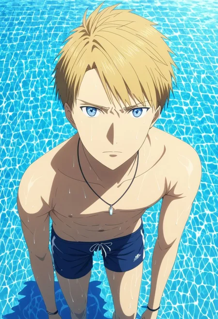 high resolution, solo, best quality, 1Boy, Yamato Ishida, Blond Hair, Blue Eyes, Necklace, pool, swim, shirtless, sixpack, shorts, looking at viewer, OverallDetail