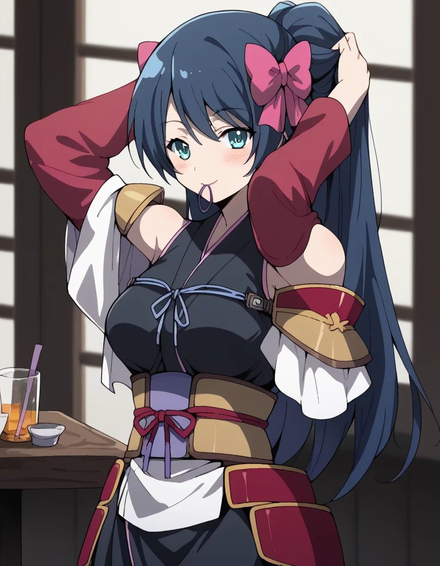 score_9, score_8_up, score_7_up, source_anime, <lora:nagahide-niwa-s1-ponyxl-lora-nochekaiser:1>, nagahide niwa, long hair, blue eyes, black hair, hair bow, aqua eyes, medium breasts, japanese clothes, armor, japanese armor, bare shoulders, shoulder armor, detached sleeves,, bar, drinks, stools, counter, nightlife, smile, <lora:hair-tie-in-mouth-ponyxl-lora-nochekaiser:1>, hair tie in mouth, hair tie, mouth hold, rubber band, blush, tying hair, adjusting hair, hands in hair, arms up, arms behind head, ponytail, hand in own hair, hair lift, cowboy shot, looking at viewer, looking at viewer, solo,, dutch angle, cowboy shot