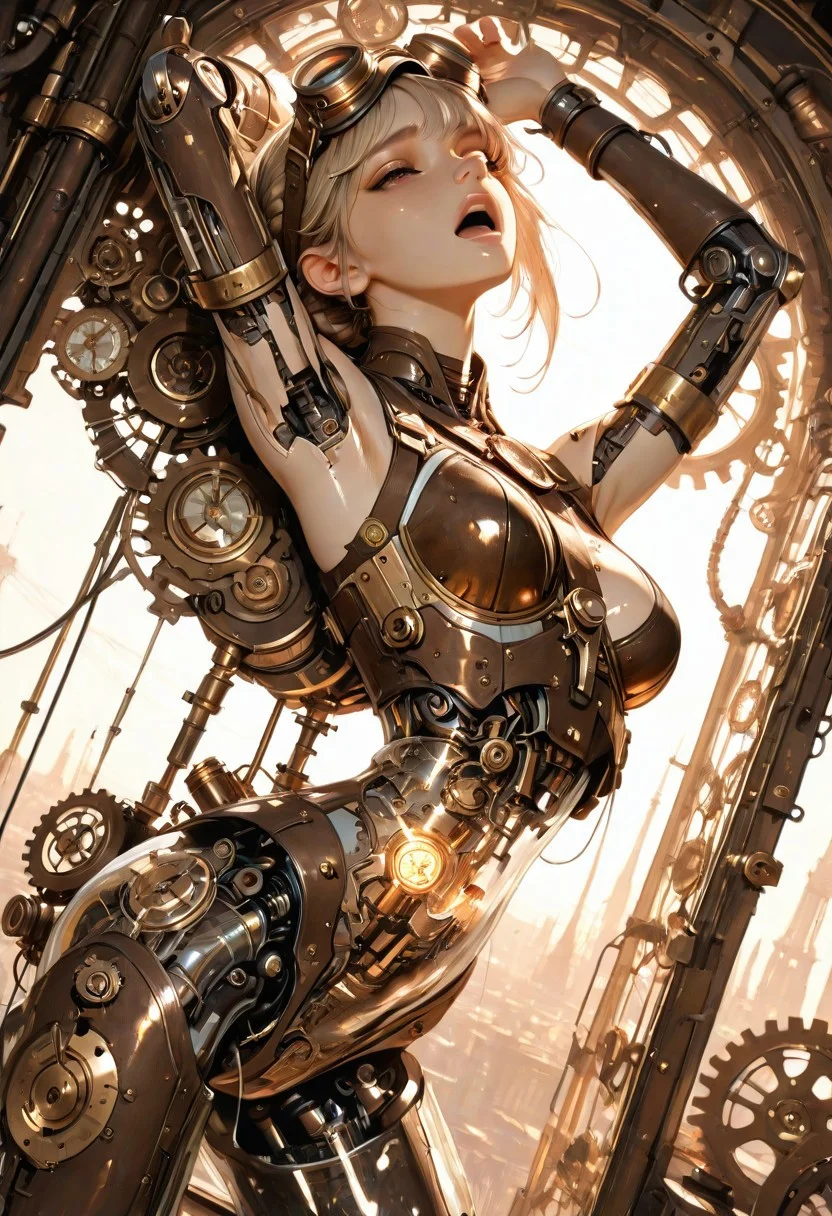 masterpiece, best quality, highres, good quality, very aesthetic, absurdres, newest, 8K, depth of field, focused subect, 
1girl, solo, steampunk, sepia, intricate linework, greebling, embroidered, carved, hairstyle, braid, action shot, moaning, armpit, shiny skin, brown leather, goggles on head, brass, gauges, dials, airship, cybernetic implants, clockwork stomach, clockwork innards, visible internal gears and pistons, bronze clockwork organs, transparent plastic stomach, bronze springs, bronze pistons, bronze bones, damaged, animatronic, synthetic, airship, steampunk city, mechanical parts, cable, wires, machinery, joints, flirting, seductive, provocative, erotic, nsfw,
dramatic angle, dutch angle, action, adventure, depth of field, high contrast,