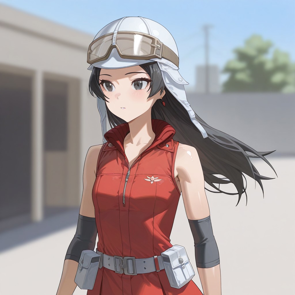 (best_quality, detailed, masterpiece, very_aesthetic, absurdres), general, m.q \(mqkyrie\), (zuharu:0.5)
BREAK
1girl, small breasts, upper_body, adult, ambient occlusion, ray tracing, shiny skin, blurry background, drop shadow
BREAK
asahismtiva, long hair, black hair, helmet, goggles on head, dress, elbow pads, gloves, belt,