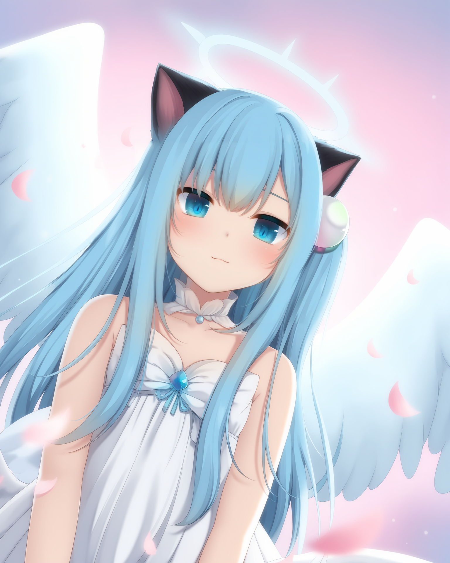 <lora:t-pony-Nya-K:0.85>,Best-A,amashiro_natsuki, NekohaShizuku_\(amashiro_natsuki\),paw_in_eyes,
1girl, solo, animal_ears, blue_hair, long_hair, blue_eyes, cat_ears, looking_at_viewer, very_long_hair, sad, hair_ornament, small_breasts, hair_bobbles, paw_in_eyes, dramatic_effect, falling_petals, falling_feathers, scenic_background, angel_cat_girl, detailed_wings, ethereal_wings, majestic_wings, serene_expression, gentle_smile, detailed_feathers, intricate_wings, full_body_view, close-up_view, dynamic_perspective, flowing_dress, sparkles, dreamy_background, sunlight_through_trees, soft_lighting, glowing_aura, delicate_halo, serene_sky