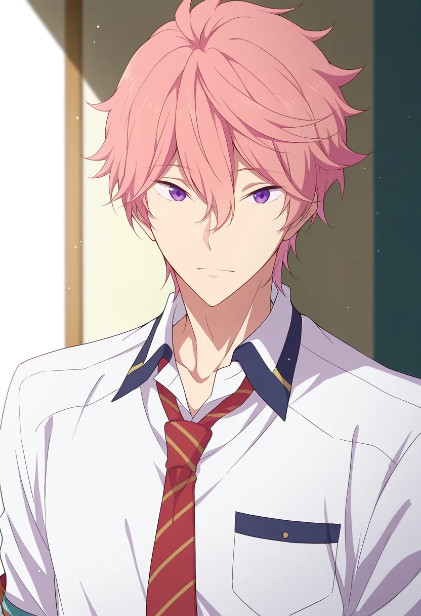 masterpiece, best quality, intricate details, , looking at viewer, 1boy, solo, male focus, <lora:kisumi_shigino_ilxl:0.96>, kisumi_shigino, pink hair, purple eyes, hair between eyes, white shirt, collared jacket, red necktie,