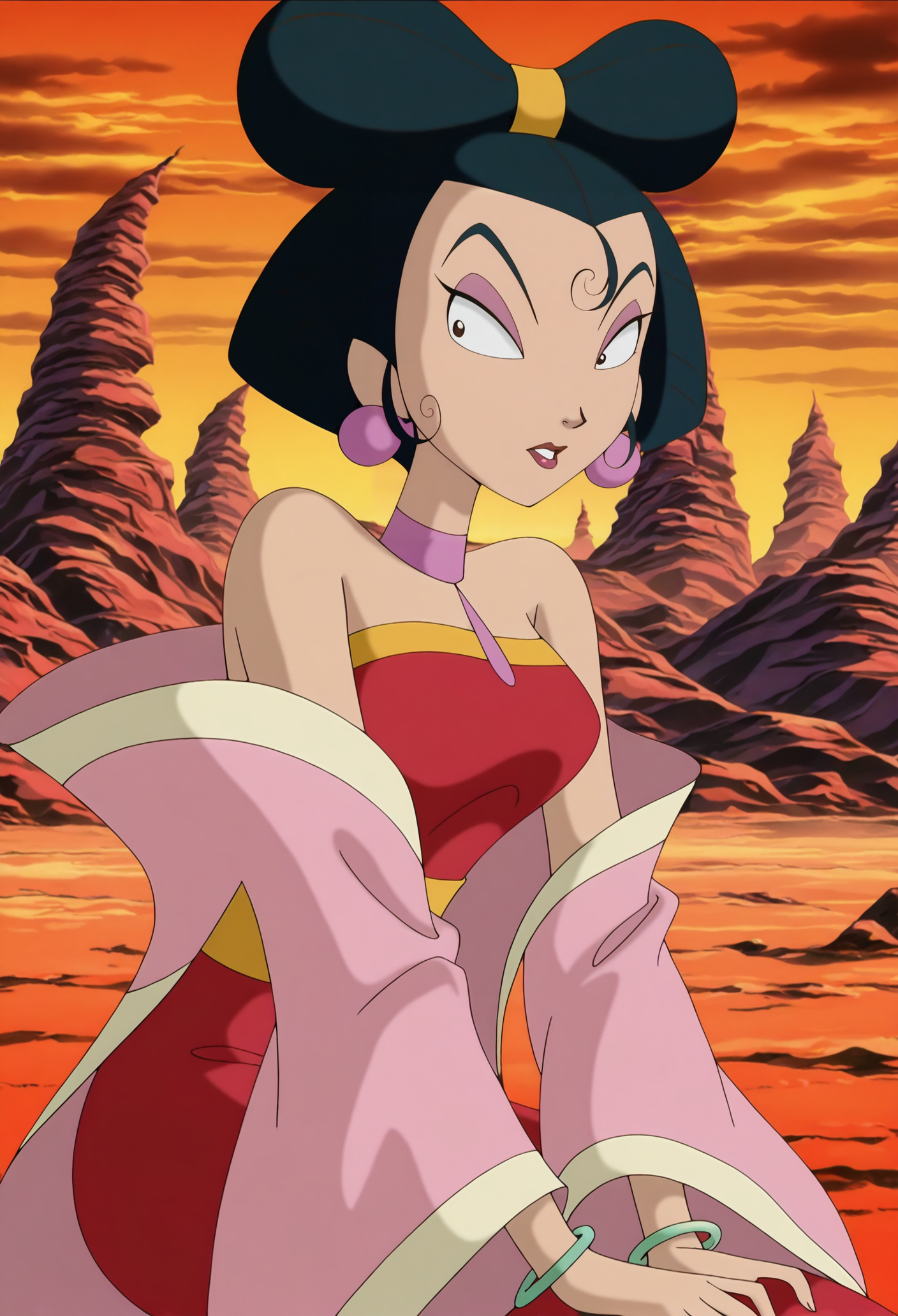 masterpiece,best quality,amazing quality,anime screencap,absurdres,official style,2000s \(style\),
anime coloring,<lora:SGBï¼DJï¼SJ-IL V1:1>,
DaJi,DaJi Outfit,Red strapless skirt,Pink hagoromo,1girl,earrings,jewelry,solo,makeup,black hair,short hair,facial mark,lipstick,bracelet,