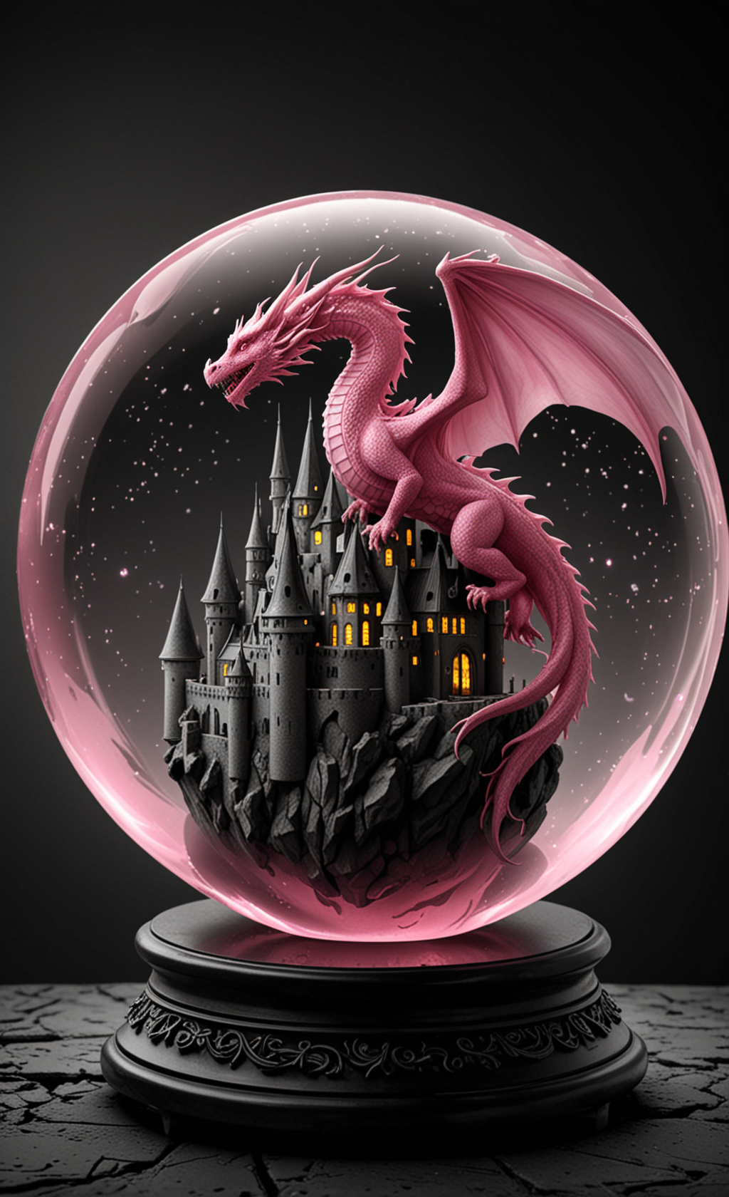 A  glass sphere sculpture, concealed inside the sphere is a Dragon flying over a castle, Fantasy, in the dark, detailed image, 8k high quality detailed, the moon, shaped sphere, amazing wallpaper, digital painting highly detailed, 8k UHD detailed oil painting, beautiful art UHD, focus on full glass sphere, bokeh,  background Modifiers: extremely detailed Award winning photography, fantasy studio lighting, photorealistic very attractive beautiful imperial colours ultra detailed 3D, (Extremely Intricate), UHD,  <lora:Black__White_One_Accent_Color_-_By_Dice:1>, (Black and white image, Pink Accent)