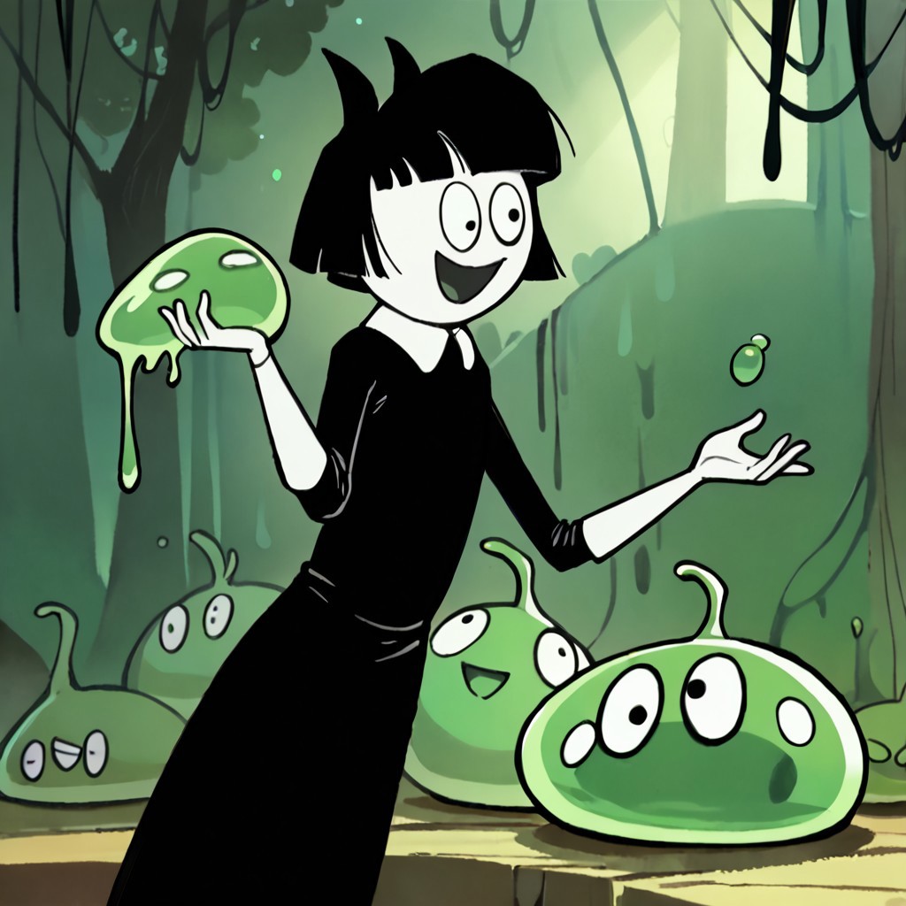 score_9, score_8_up, score_7_up BREAK CrepSus, 1girl, black hair, black bob cut, blunt bangs, black eyes, pale skin, black bow, white-collared long black dress, holding green slime, slime everywhere, happy, joyful,