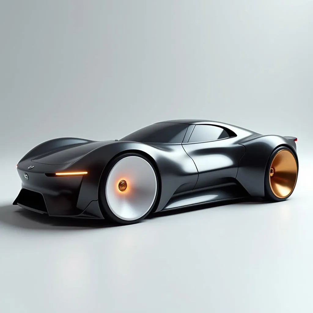Sharp photo of a 3D rendering of a futuristic sports car. The car is in a side view, with the front facing towards the left side of the image. The body of the car is covered in a black, shiny metal, giving it an new and impeccable appearance. The front wheel is large and white, with a orange light shining through it. The rear wheel is smaller and has a golden rim. The wheels are also covered in golden and silver rims. The background is a light gray color, casting a shadow on the floor below the car.  