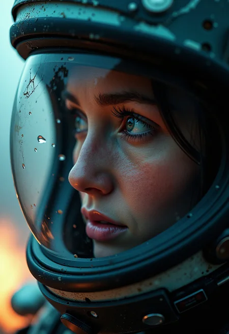 Imagine an image in the style of cinematic photorealism. Rain Carradine's face partially obscured by the cracked visor of a damaged helmet, her eyes reflecting the glow of distant explosions outside the space station. A fine mist of condensation forms on the glass, emphasizing her ragged breathing.