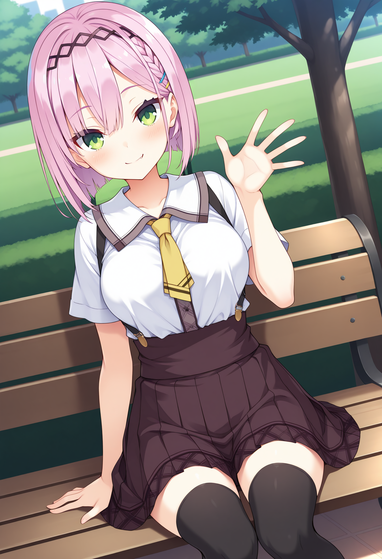 1girl, aaamane, pink hair, short hair, braid, hairband, hair ornament, hairclip, green eyes, fang, breasts, school uniform, yellow necktie, white shirt, short sleeves, suspender skirt, brown skirt, black thighhighs, <lora:tanikaze_amane_ilxl_v1:0.9>, park, bench, sitting, waving, looking at viewer, smile,
masterpiece, best quality, amazing quality,