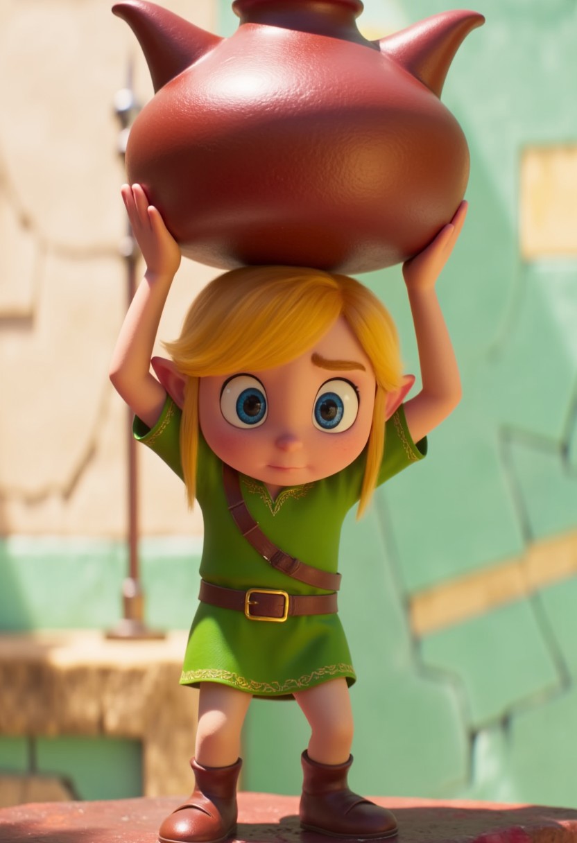 Illuminationstyle, Link from legend of zelda, carrying a ceramic pot over head, pointy ears