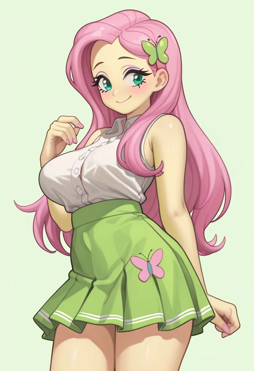 score_9, score_8_up, score_7_up, score_6_up, score_5_up, score_4_up, source_cartoon, <lora:confetti-extract- ponyxl:0.85>, detailed eyes, easynegative, rating_explicit, Expressiveh, 1girl, solo, blush, lentiyay
fluttershy, long hair, Big breasts, looking at viewer, blush, hair ornament, pink hair, thighs, aqua eyes, eyelashes, butterfly hair ornament, yellow skin, eyeshadow, butterfly, colored skin, purple eyeshadow, smiling at viewer, shirt, skirt, white shirt, sleeveless, sleeveless shirt, bare shoulders, plain shirt, green skirt, butterfly print lace-trimmed skirt, miniskirt, bare arms,