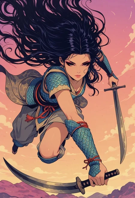 in the style of cksc, vibrant anime image, asian  warrior woman, long flowing hair, dark eyeshadow, dragon-scale armour, dynamic, holding scimitar, detailed face