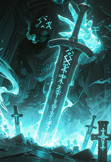 dynamic angle, unusual angle, dynamic, dynamic composition, single sword, runic engraving, runes, sould of the damned,
In the dim, flickering light, a shadowy figure emerges, its presence cloaked in an air of mystery. Slowly, it reaches out toward the hilt of the shattered runic sword, its movements deliberate yet hesitant. The ancient engravings on the hilt begin to pulse faintly, glowing like a dying ember, their light casting eerie shadows across the figure’s outstretched hand. The closer it gets, the air grows colder, heavy with an otherworldly presence. From the jagged break in the blade, spectral wisps begin to unfurl, curling and twisting like smoke, their forms coalescing into ghostly faces etched with agony. Whispers fill the air—soft at first, but rising into a cacophony of tormented wails. The figure’s hand trembles as its fingers hover just above the hilt, as though sensing the weight of the cursed power it is about to claim. Finally, with a sharp intake of breath, the hand closes around the sword. The runes ignite with a blinding light, and the escaping souls recoil, writhing in both fear and fury.