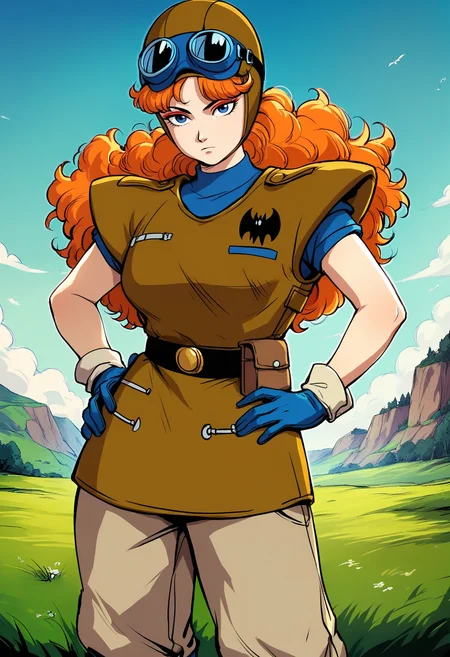 score_9, score_8_up, score_7_up, score_6_up, source_anime, <lora:DBExtraGirl02Pa:0.9>, DBExtraGirl02Pa, blue eyes, long hair, orange hair, curly hair, red eyeshadow, large breasts,
brown armor, blue undershirt, blue gloves, helmet, goggles on headwear, beige pants, blue boots, black belt, belt pouch,
on grass, looking at viewer, cowboy shot, expressionless, hand on own hip,
