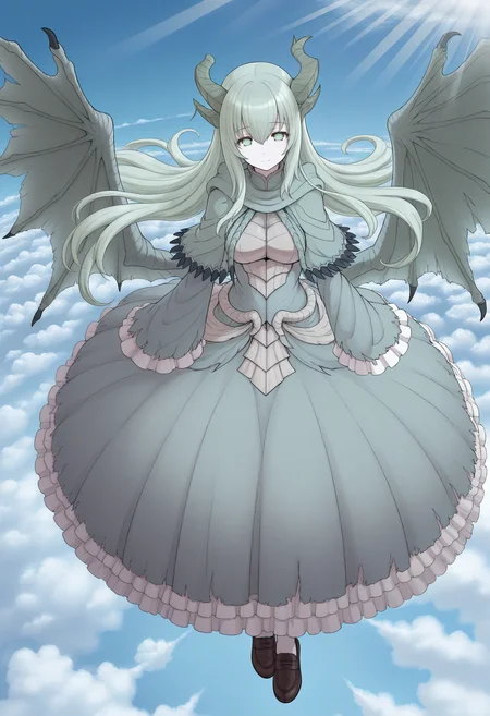 masterpiece,best quality,good quality,<lora:PAARTHURNAX_IL:0.9>, PAARTHURNAX, dragon horns, broken horn, dragon girl, dragon wings, very long hair, green hair, hair between eyes, green eyes, breasts, 
capelet, dress, sleeves past wrists, 
looking at viewer, light smile, flying, floating hair, upskirt, loafers, (from above:1.3),
BREAK day, over the clouds, sky, blue sky, light rays, clouds,