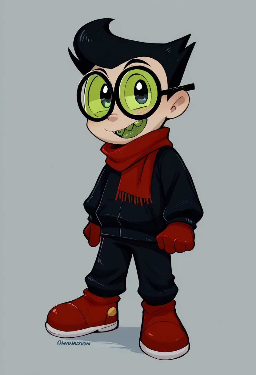 score_9, score_8_up, score_7_up, CuteCartoonStyle, highly detailed, cute boy, 1boy, solo, teasing, seductive smile, NergalJR, Black Hair, Green Tinted Glasses , Red Scarf, Red Gloves, Black Jacket, Black Pants, Sharp Teeth, Green Tongue, CuteCartoonStyle
full body, full body shot